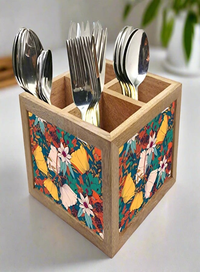Nutcase Wooden Cutlery Stand Holder Silverware Caddy Spoons Forks Knives Organizer for Dining Table & Kitchen -Made in India-Spoons NOT Included - Rust Flowers - Image 1